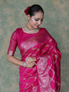 Banarasee Handloom Semi Silk Saree With Zari Jaal Work & Floral Border-Fuchsia Pink