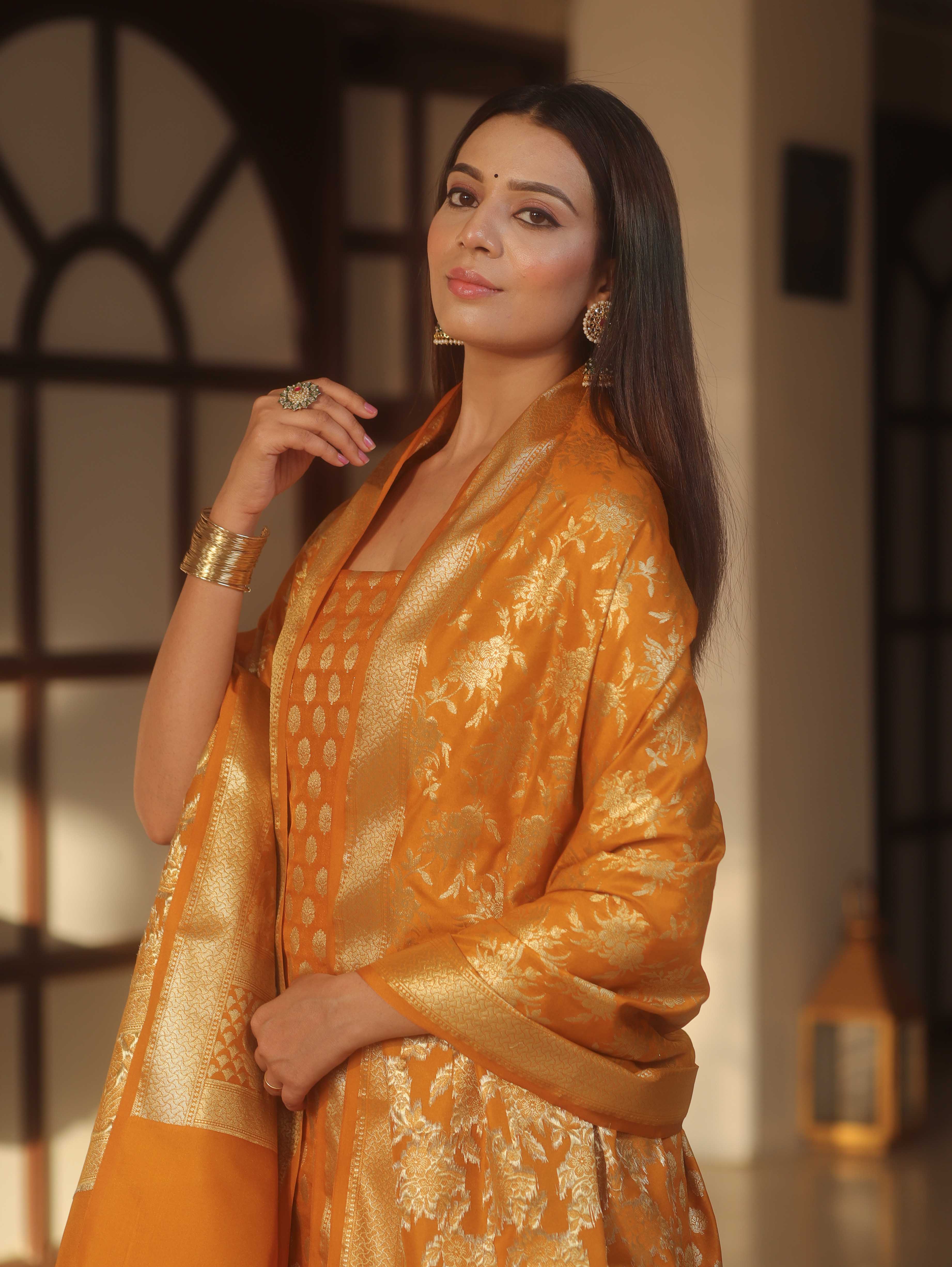 Banarasee Zari Work Semi Katan Salwar Kameez Fabric With Dupatta-Mustard Yellow