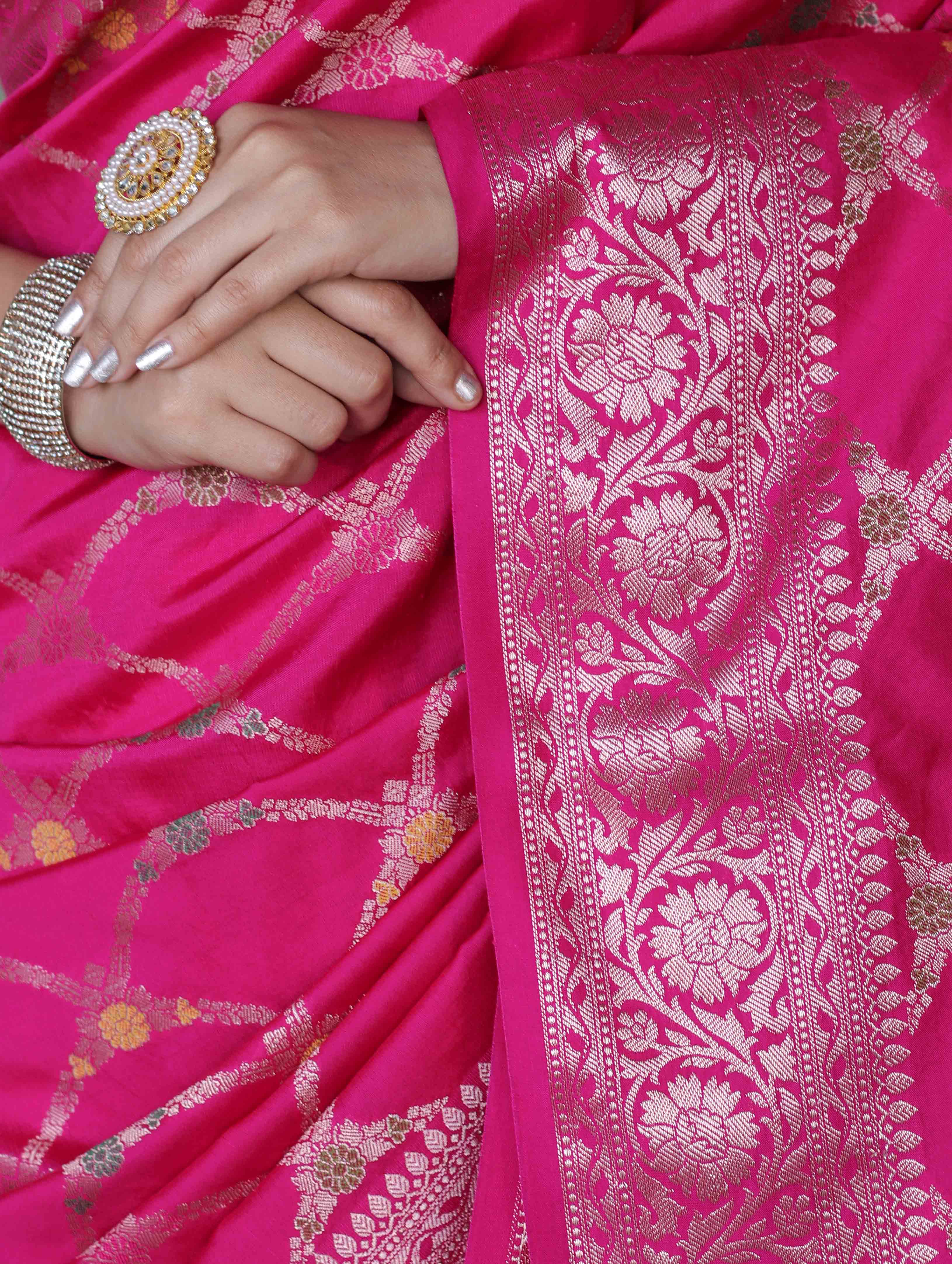 Banarasee Handloom Semi Silk Saree With Zari Jaal Work & Floral Border-Fuchsia Pink