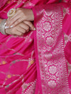 Banarasee Handloom Semi Silk Saree With Zari Jaal Work & Floral Border-Fuchsia Pink