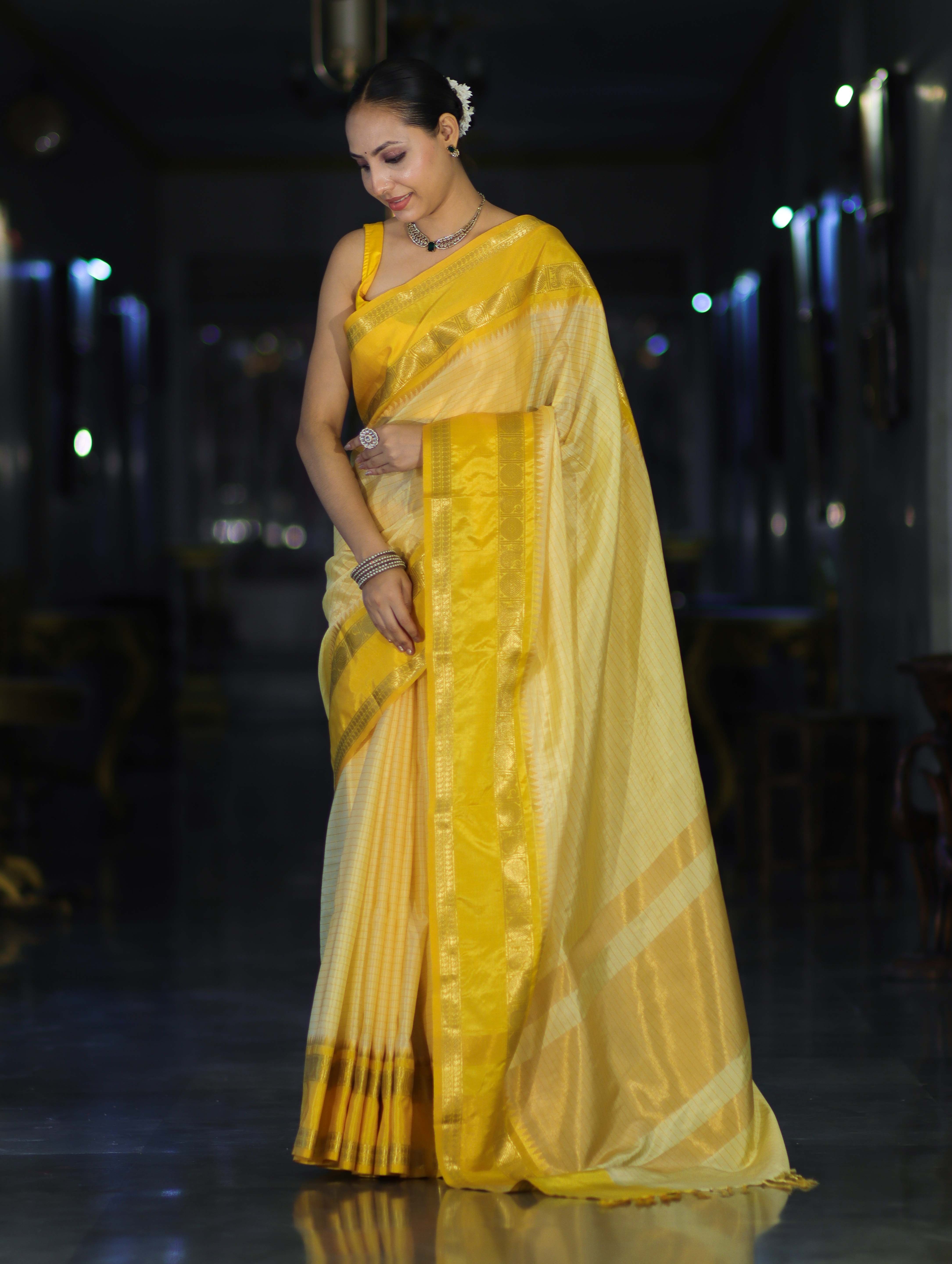 Banarasee Handloom Semi Silk Saree With Checks Design & Temple Border-Yellow