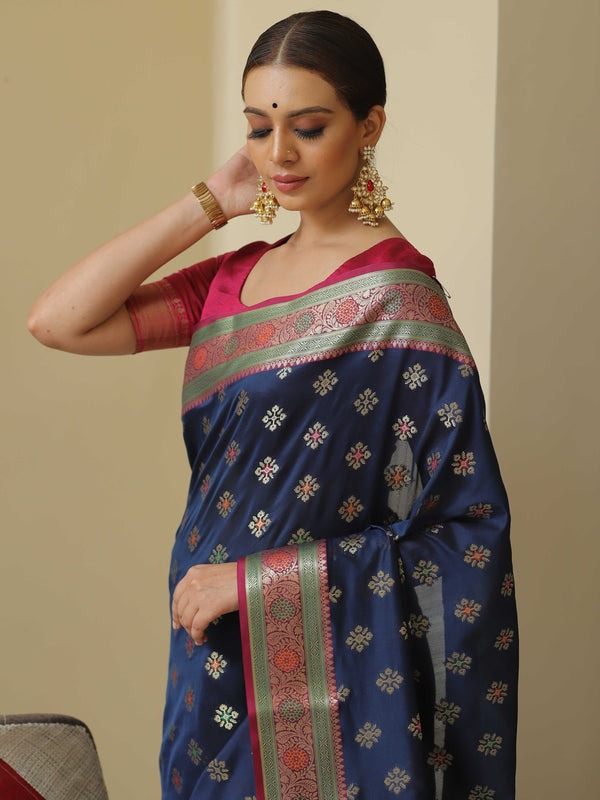 Banarasee Handwoven Semi-Katan Zari Paithani Border Saree-Blue