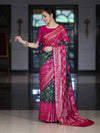 Banarasee Handloom Semi Silk Bandhej Saree With Zari Jaal Design Mirror Work & Floral Border-Green & Pink