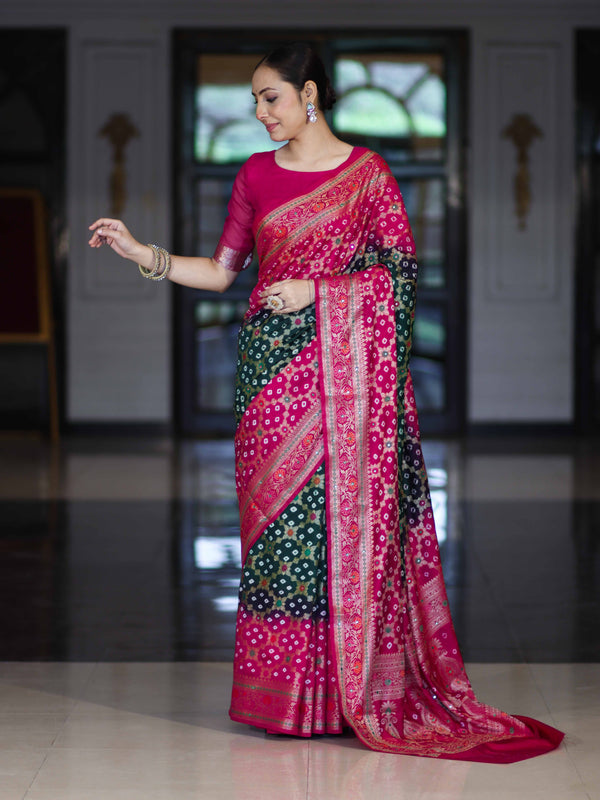 Banarasee Handloom Semi Silk Bandhej Saree With Zari Jaal Design Mirror Work & Floral Border-Green & Pink