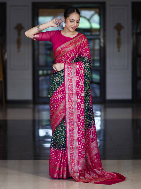 Banarasee Handloom Semi Silk Bandhej Saree With Zari Jaal Design Mirror Work & Floral Border-Green & Pink