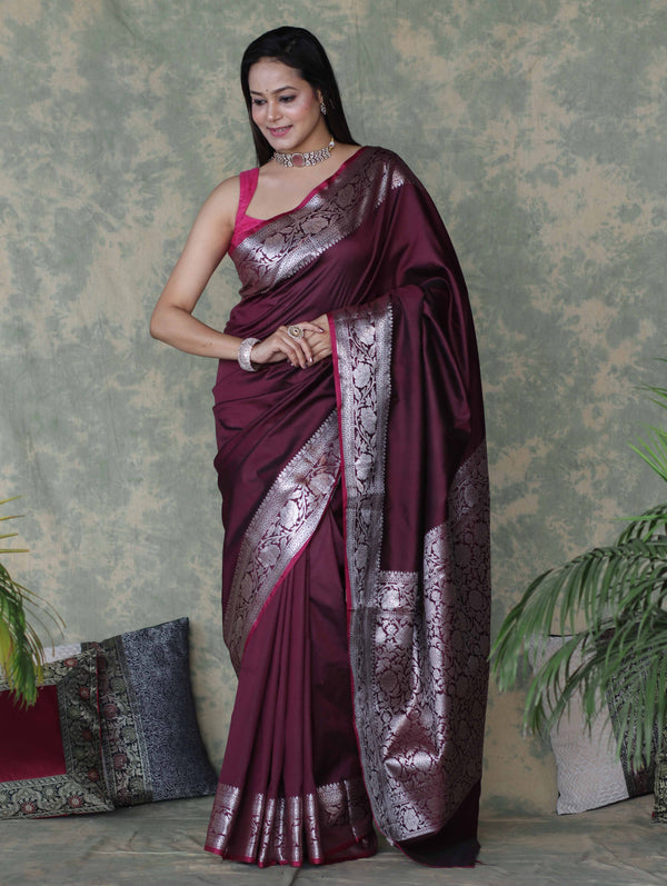 Banarasee Handloom Semi Silk Plain Saree With Silver Zari Floral Border-Burgundy