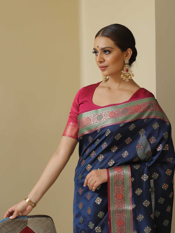 Banarasee Handwoven Semi-Katan Zari Paithani Border Saree-Blue
