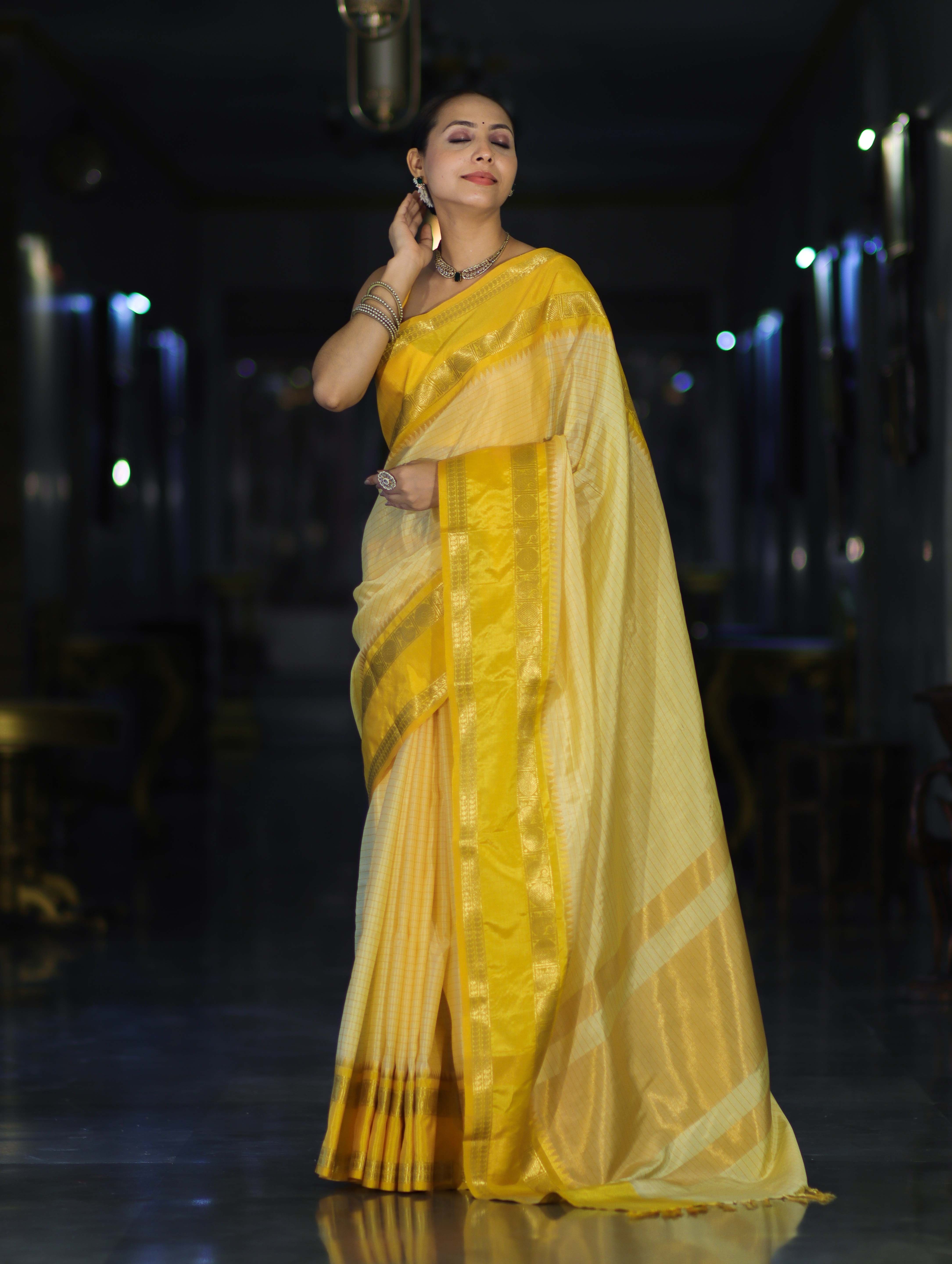 Banarasee Handloom Semi Silk Saree With Checks Design & Temple Border-Yellow