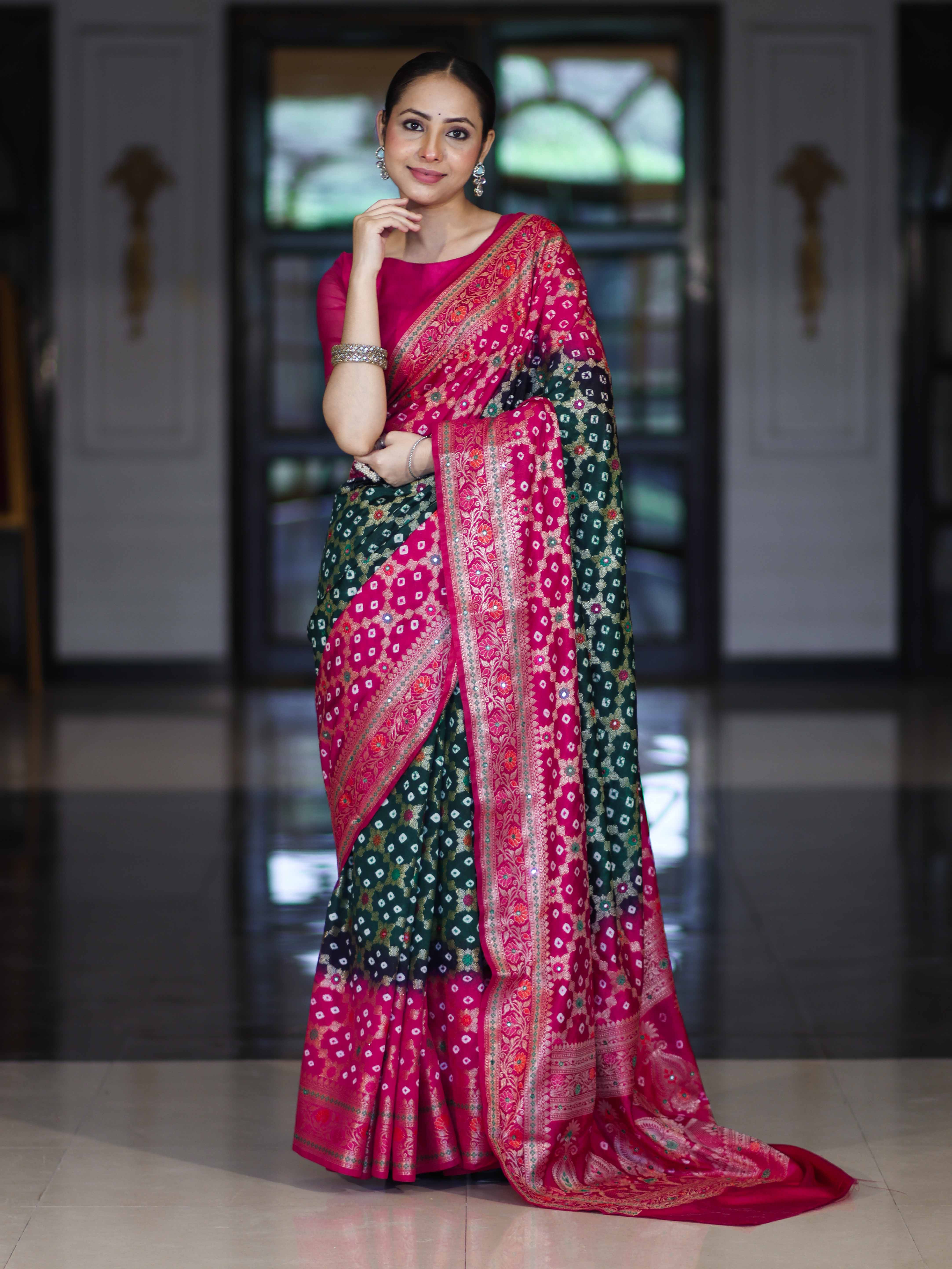 Banarasee Handloom Semi Silk Bandhej Saree With Zari Jaal Design Mirror Work & Floral Border-Green & Pink