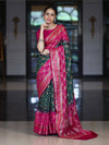 Banarasee Handloom Semi Silk Bandhej Saree With Zari Jaal Design Mirror Work & Floral Border-Green & Pink