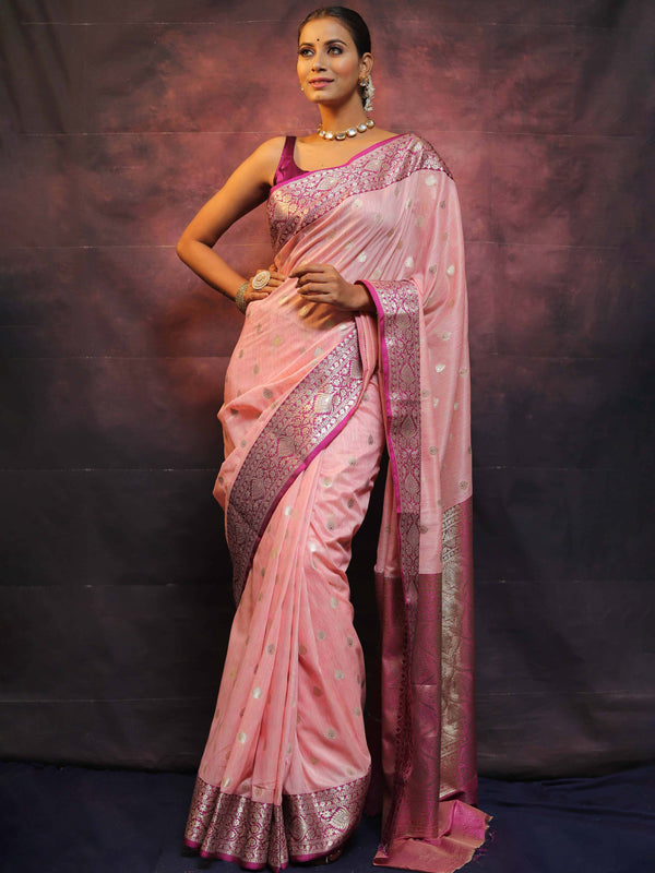 Banarasee Cotton Silk Mix Banswada Sari With Zari Buta & Contrast Border-Pink & Magenta