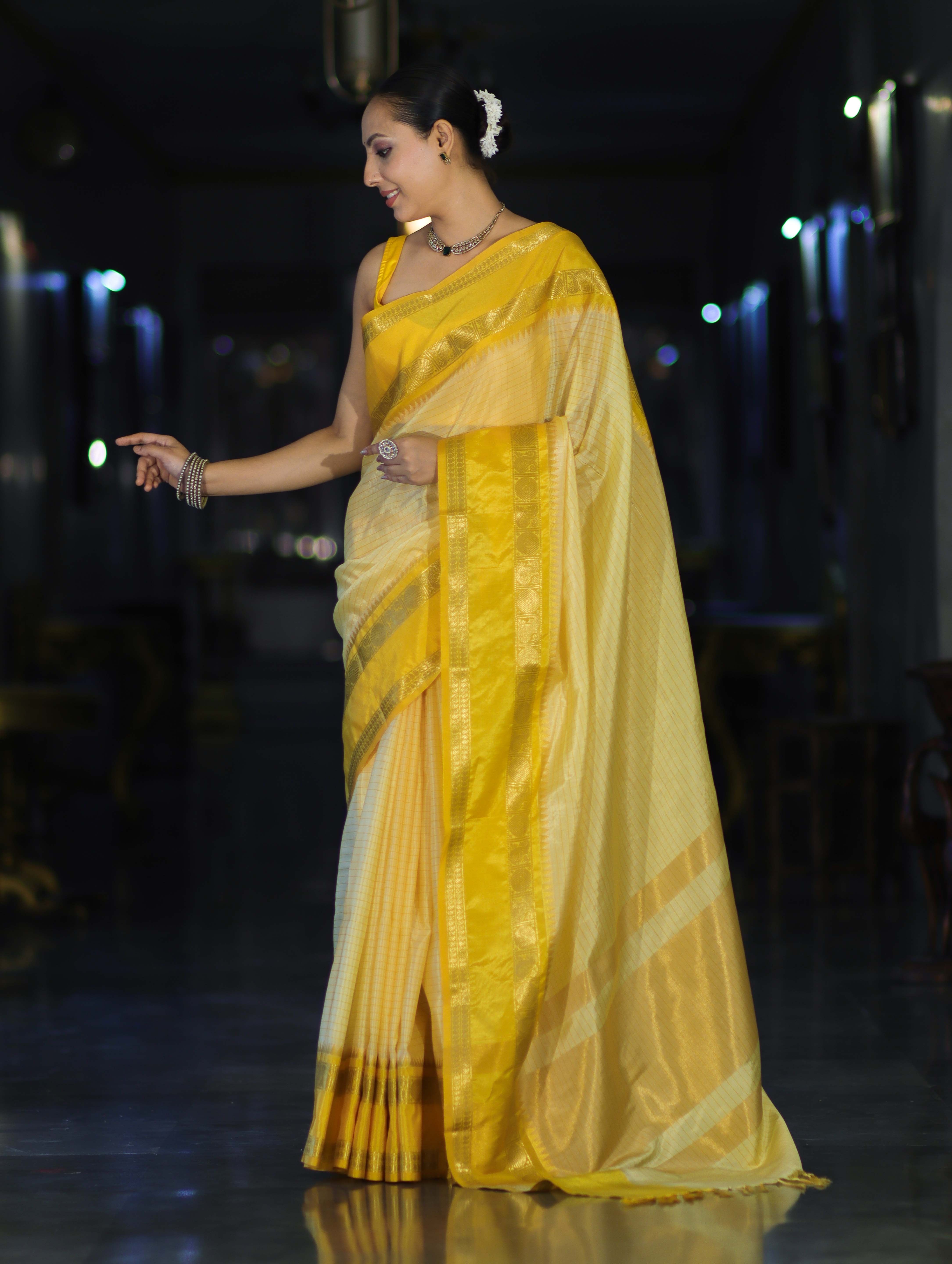 Banarasee Handloom Semi Silk Saree With Checks Design & Temple Border-Yellow