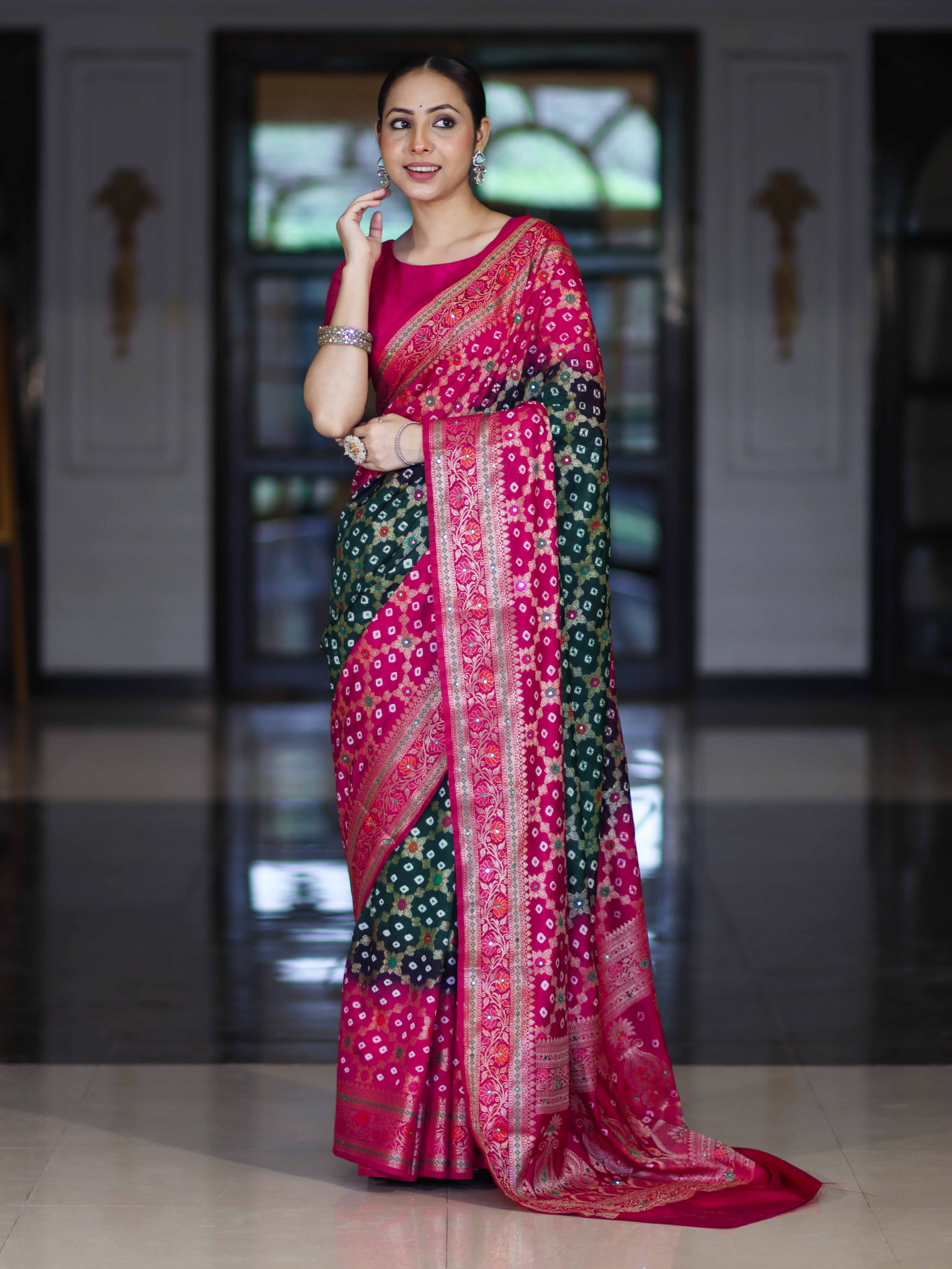 Banarasee Handloom Semi Silk Bandhej Saree With Zari Jaal Design Mirror Work & Floral Border-Green & Pink