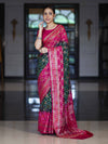 Banarasee Handloom Semi Silk Bandhej Saree With Zari Jaal Design Mirror Work & Floral Border-Green & Pink