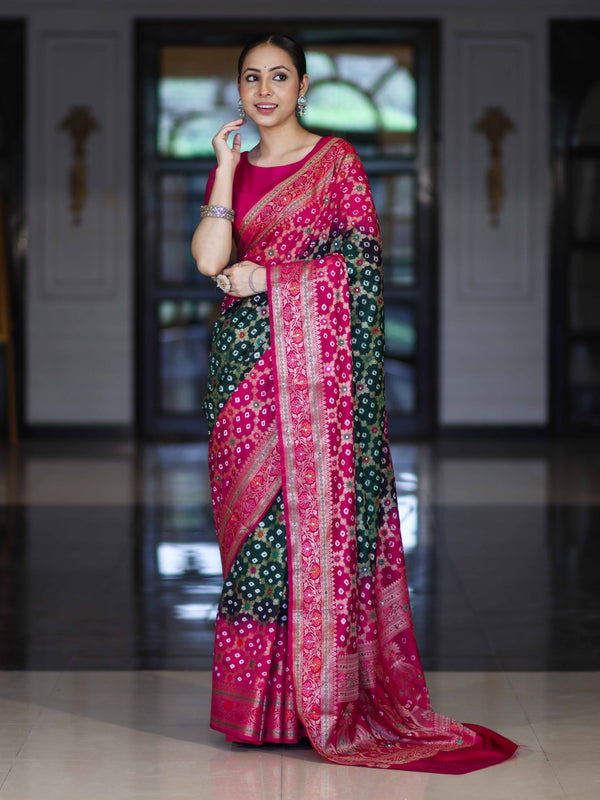 Banarasee Handloom Semi Silk Bandhej Saree With Zari Jaal Design Mirror Work & Floral Border-Green & Pink