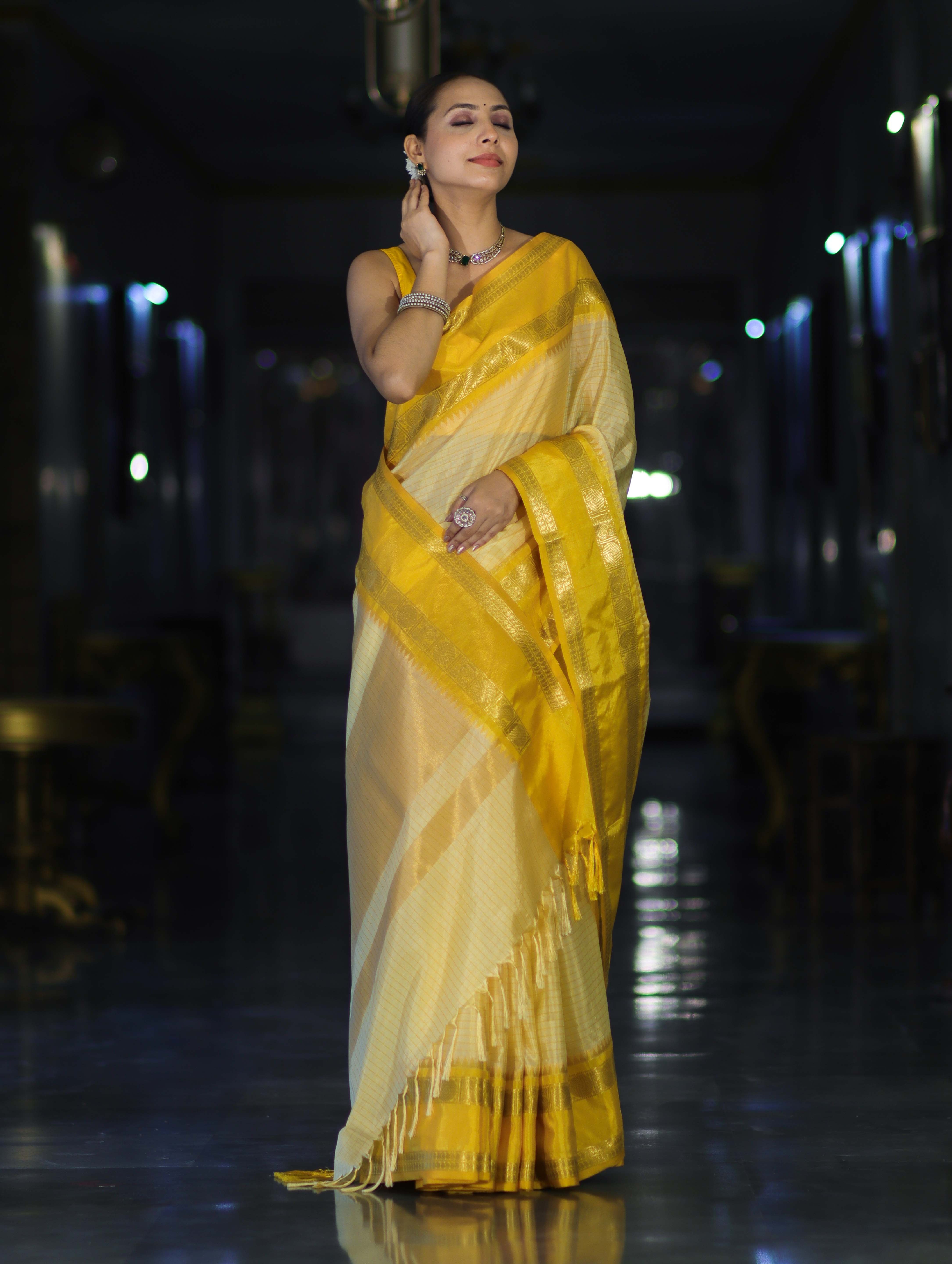 Banarasee Handloom Semi Silk Saree With Checks Design & Temple Border-Yellow