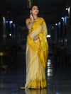 Banarasee Handloom Semi Silk Saree With Checks Design & Temple Border-Yellow
