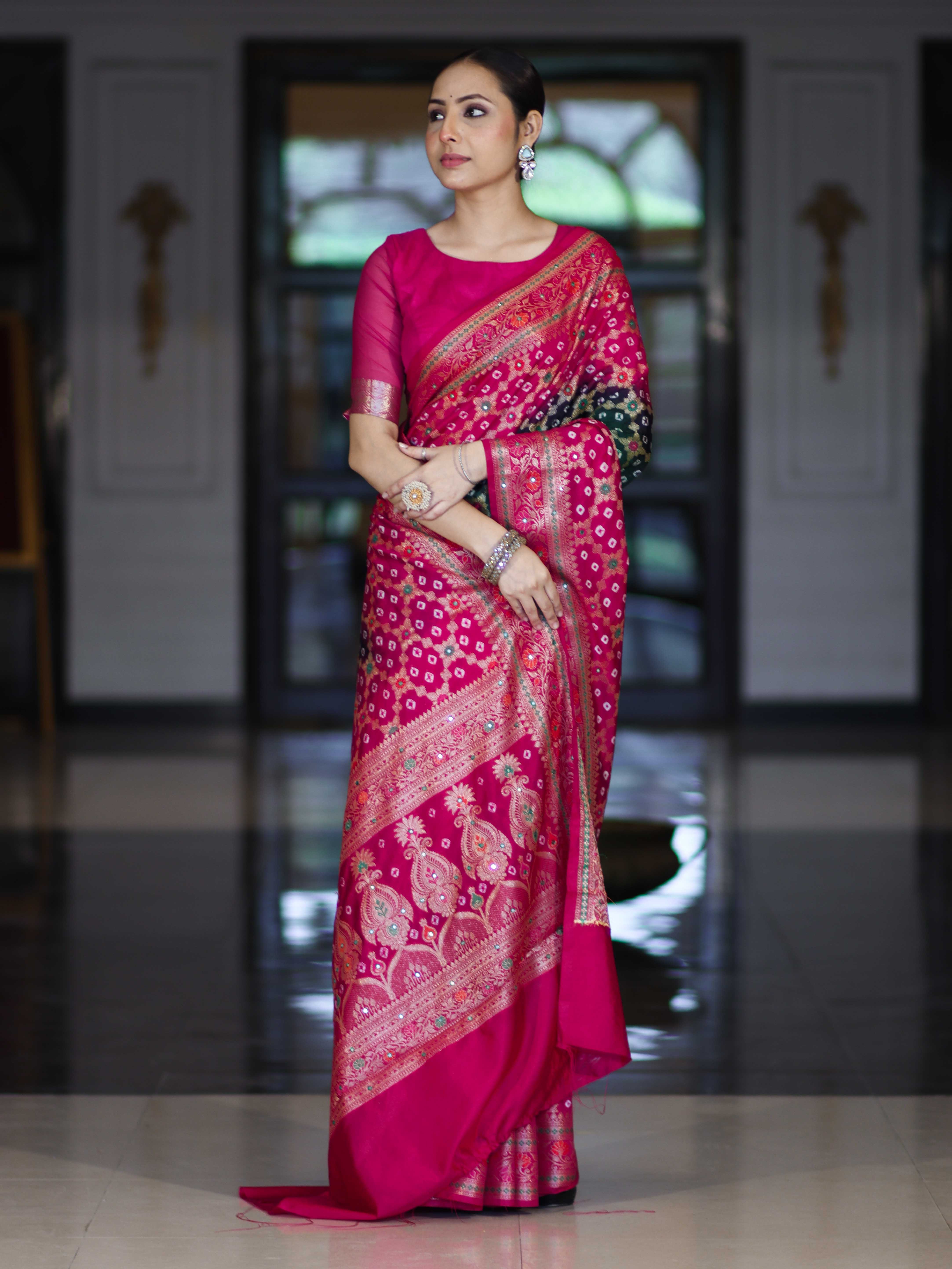 Banarasee Handloom Semi Silk Bandhej Saree With Zari Jaal Design Mirror Work & Floral Border-Green & Pink