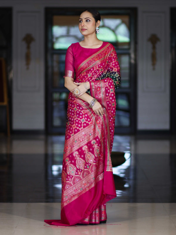 Banarasee Handloom Semi Silk Bandhej Saree With Zari Jaal Design Mirror Work & Floral Border-Green & Pink