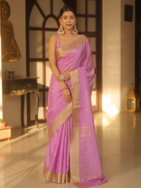 Banarasee Handwoven Semi Silk Saree With Zari Buti Design-Lavender