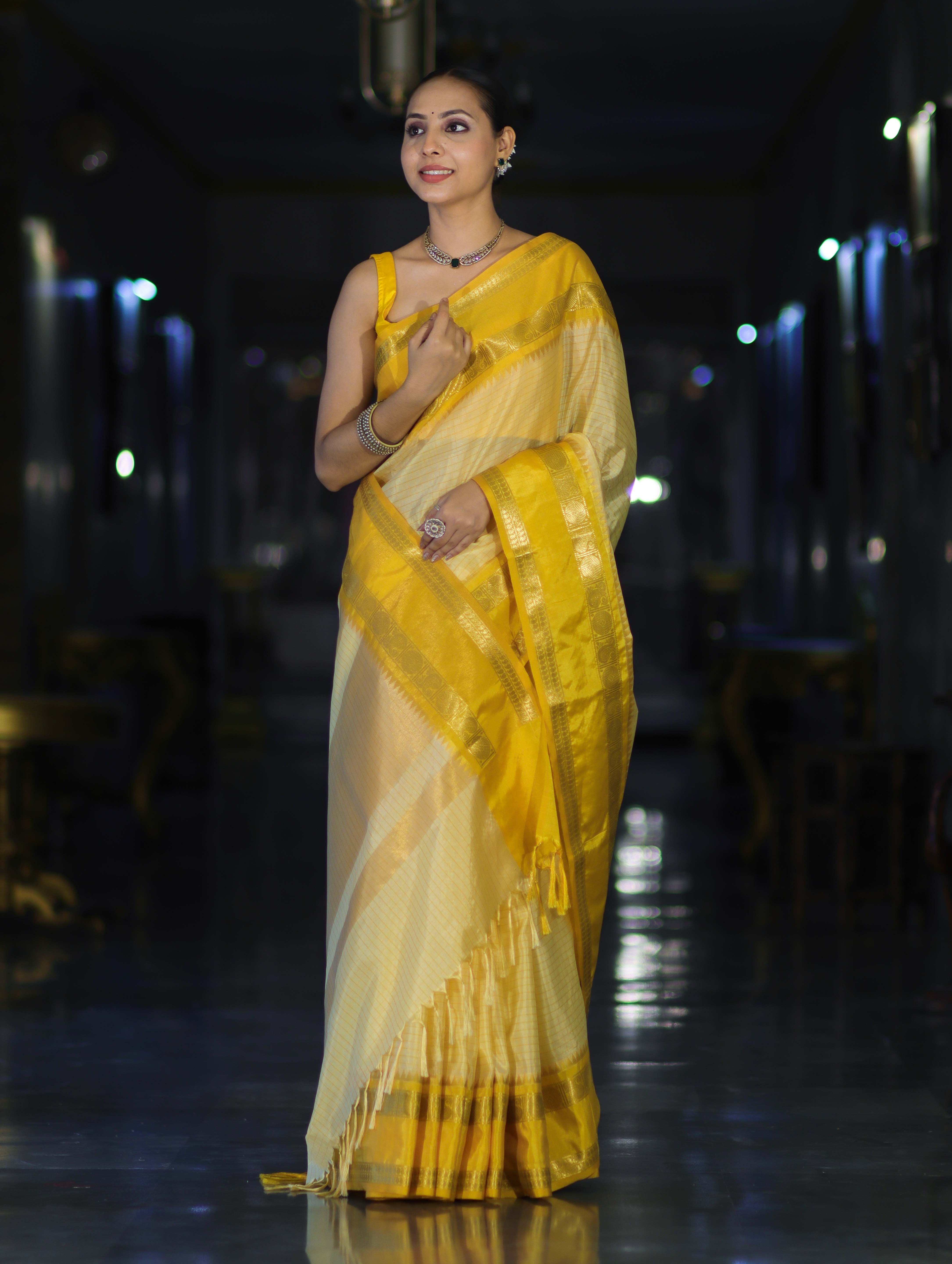 Banarasee Handloom Semi Silk Saree With Checks Design & Temple Border-Yellow