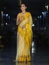 Banarasee Handloom Semi Silk Saree With Checks Design & Temple Border-Yellow
