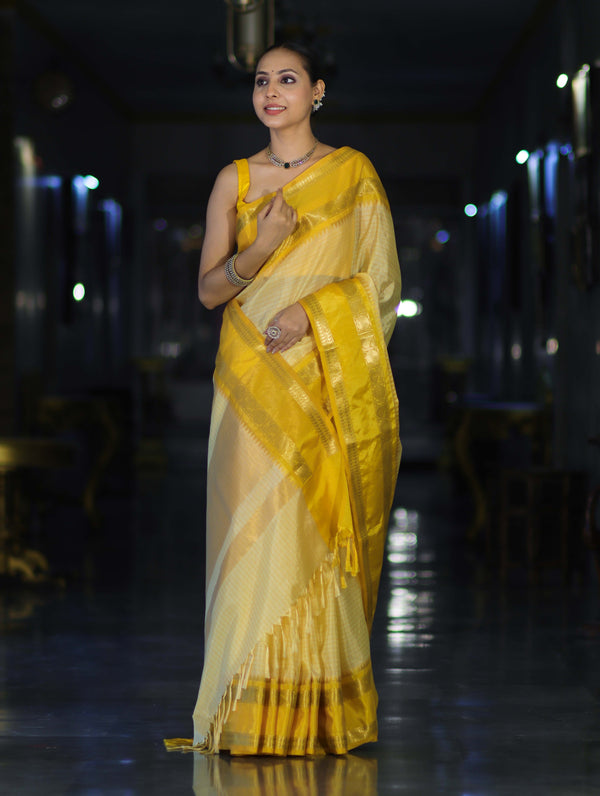 Banarasee Handloom Semi Silk Saree With Checks Design & Temple Border-Yellow