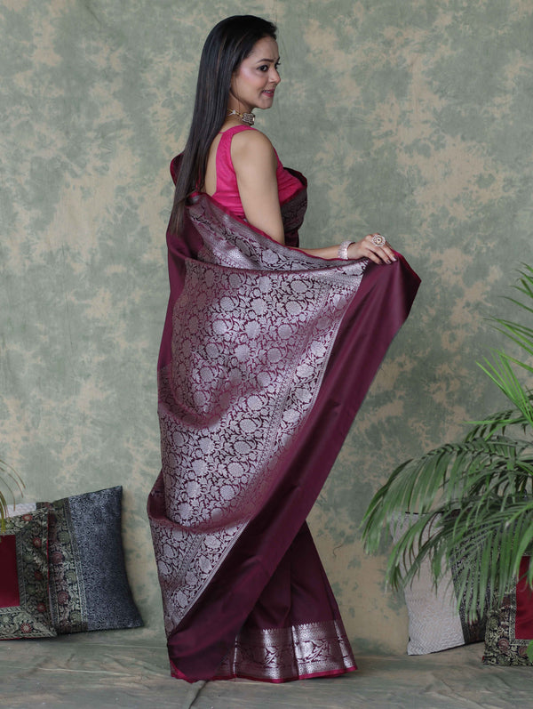 Banarasee Handloom Semi Silk Plain Saree With Silver Zari Floral Border-Burgundy