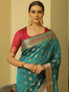 Banarasee Handwoven Semi-Katan Zari Paithani Border Saree-Green
