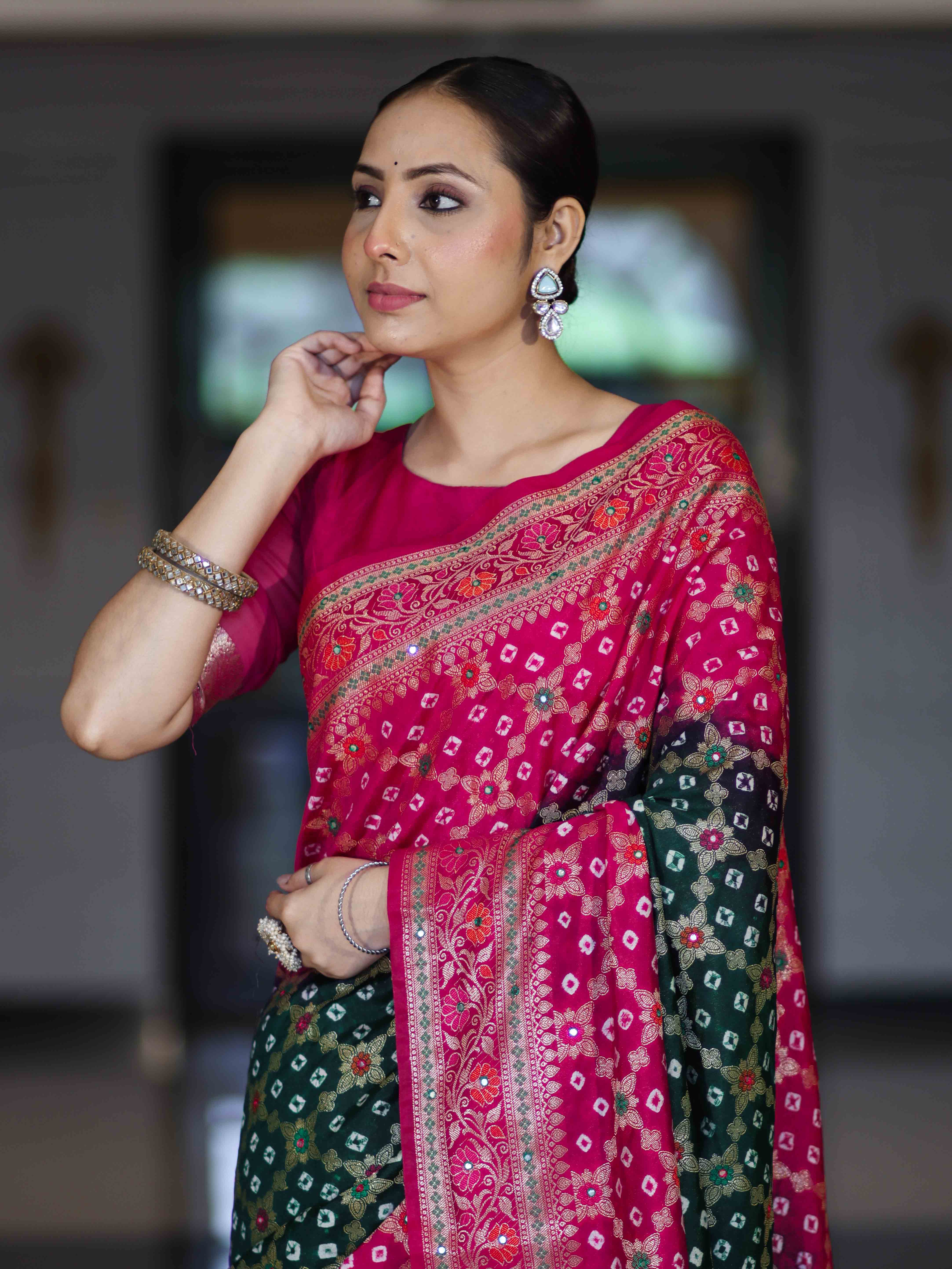 Banarasee Handloom Semi Silk Bandhej Saree With Zari Jaal Design Mirror Work & Floral Border-Green & Pink