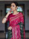 Banarasee Handloom Semi Silk Bandhej Saree With Zari Jaal Design Mirror Work & Floral Border-Green & Pink