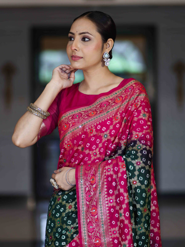Banarasee Handloom Semi Silk Bandhej Saree With Zari Jaal Design Mirror Work & Floral Border-Green & Pink