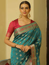 Banarasee Handwoven Semi-Katan Zari Paithani Border Saree-Green