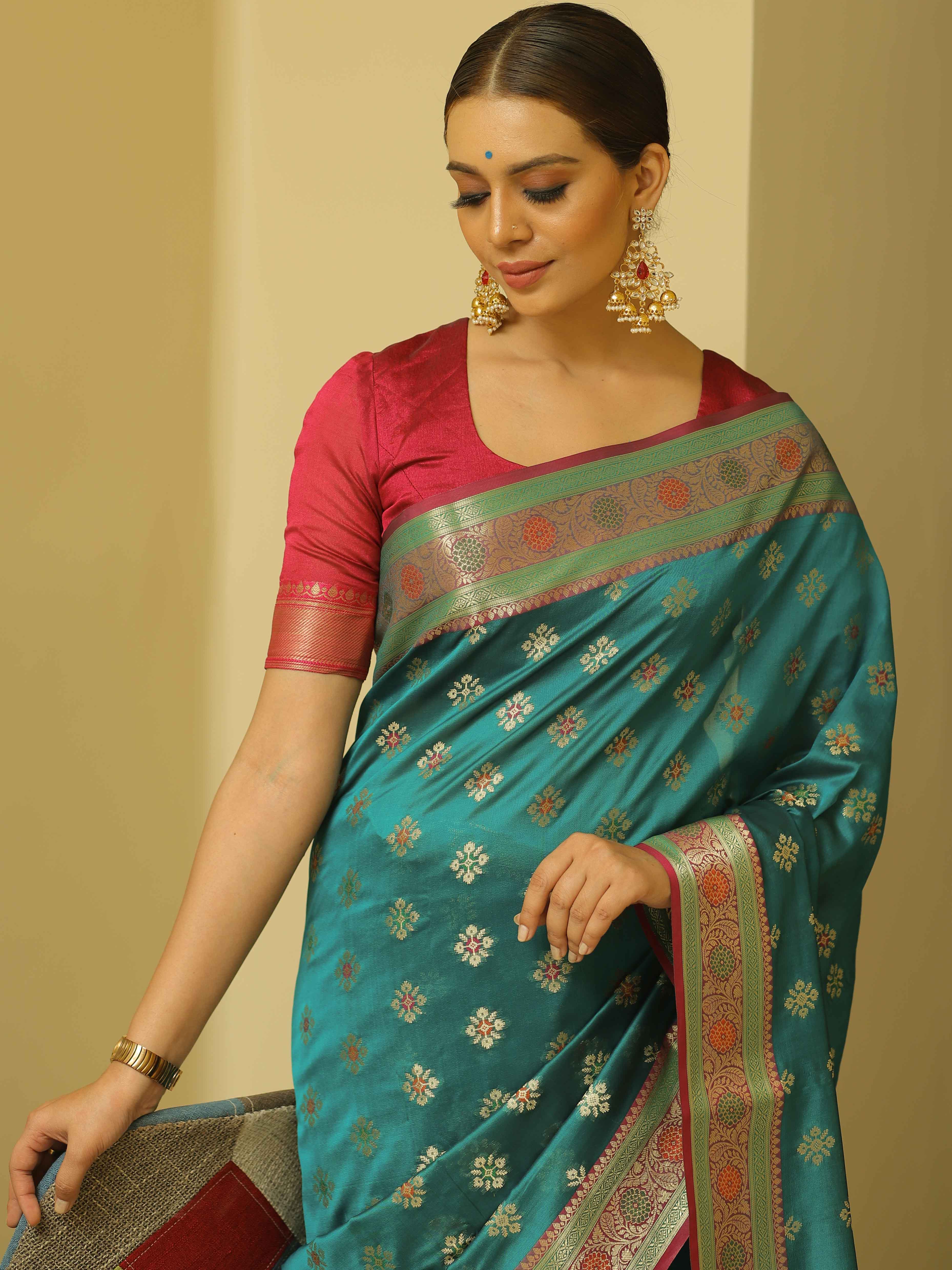 Banarasee Handwoven Semi-Katan Zari Paithani Border Saree-Green