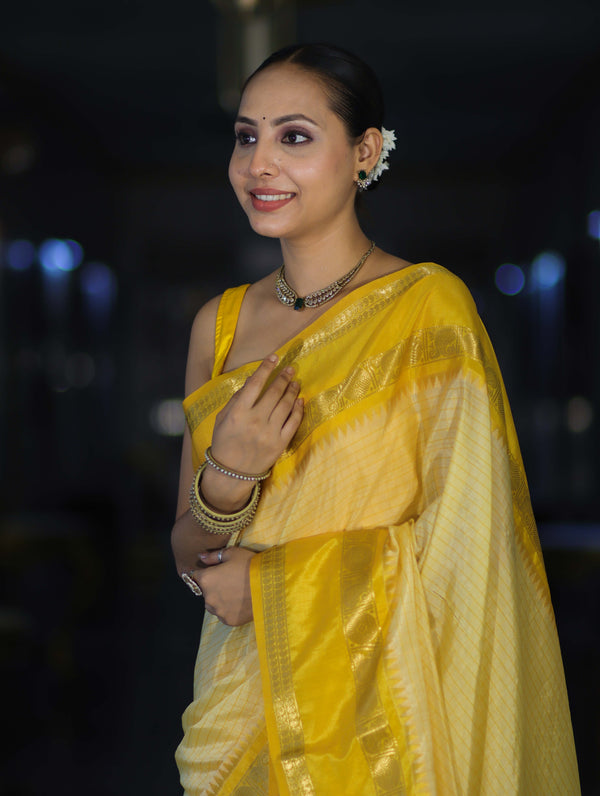 Banarasee Handloom Semi Silk Saree With Checks Design & Temple Border-Yellow