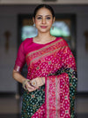 Banarasee Handloom Semi Silk Bandhej Saree With Zari Jaal Design Mirror Work & Floral Border-Green & Pink