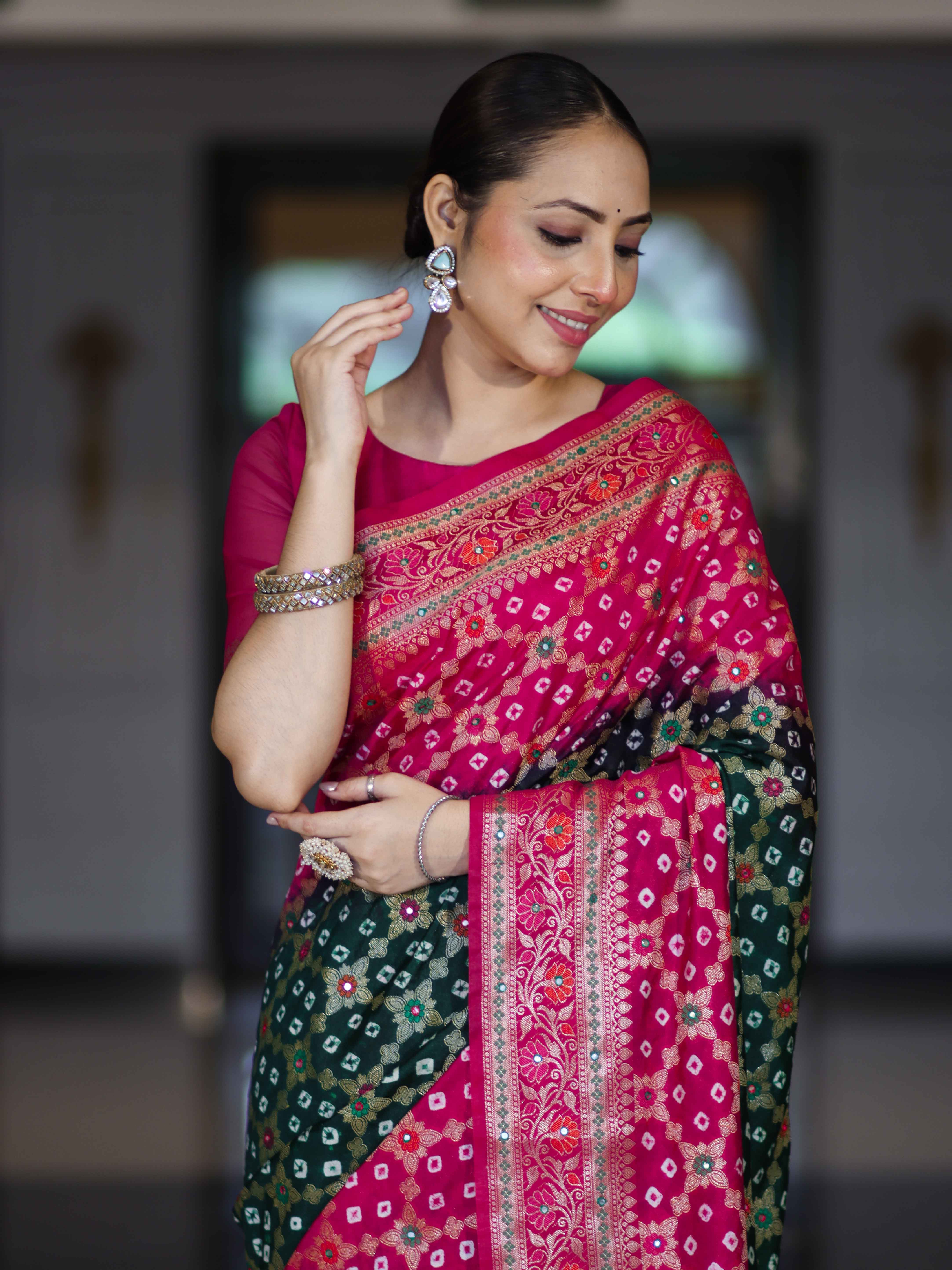 Banarasee Handloom Semi Silk Bandhej Saree With Zari Jaal Design Mirror Work & Floral Border-Green & Pink