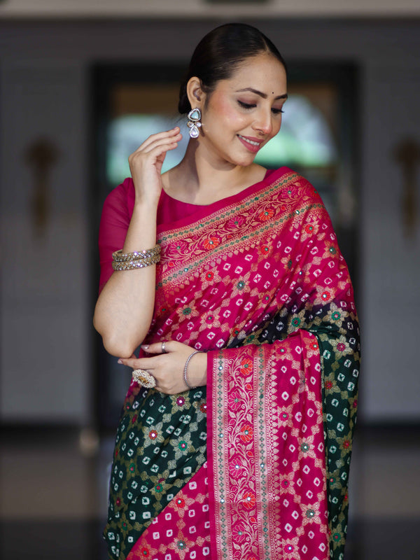 Banarasee Handloom Semi Silk Bandhej Saree With Zari Jaal Design Mirror Work & Floral Border-Green & Pink