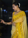 Banarasee Handloom Semi Silk Saree With Checks Design & Temple Border-Yellow