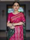 Banarasee Handloom Semi Silk Bandhej Saree With Zari Jaal Design Mirror Work & Floral Border-Green & Pink