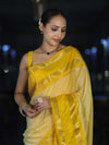 Banarasee Handloom Semi Silk Saree With Checks Design & Temple Border-Yellow