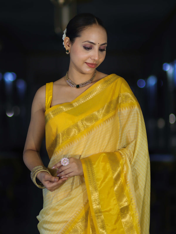 Banarasee Handloom Semi Silk Saree With Checks Design & Temple Border-Yellow