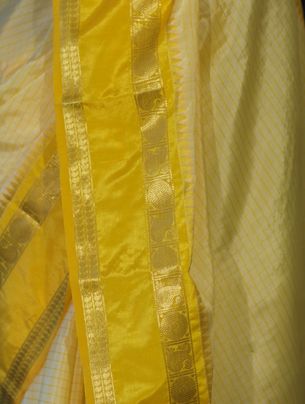 Banarasee Handloom Semi Silk Saree With Checks Design & Temple Border-Yellow