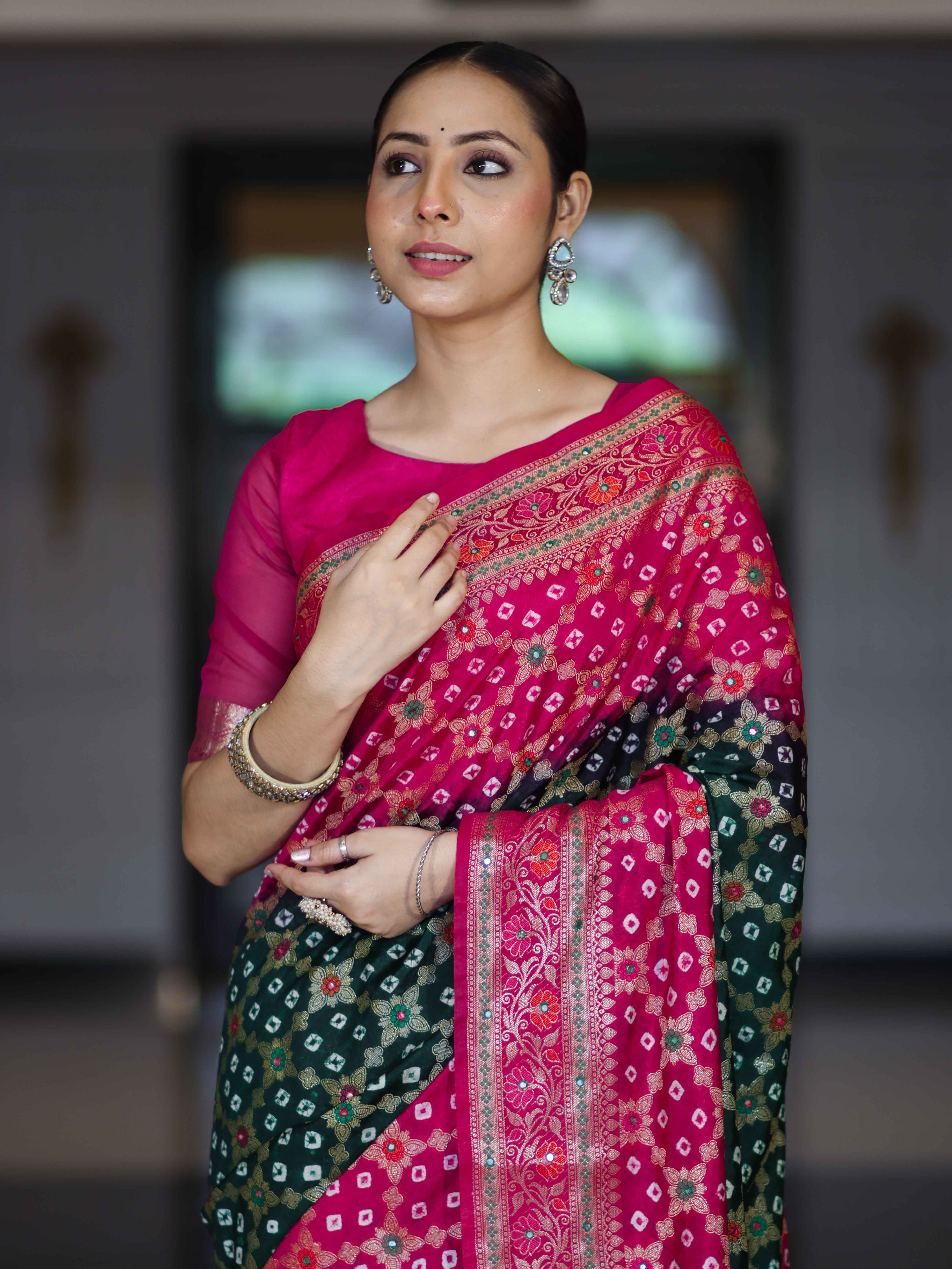 Banarasee Handloom Semi Silk Bandhej Saree With Zari Jaal Design Mirror Work & Floral Border-Green & Pink