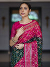 Banarasee Handloom Semi Silk Bandhej Saree With Zari Jaal Design Mirror Work & Floral Border-Green & Pink