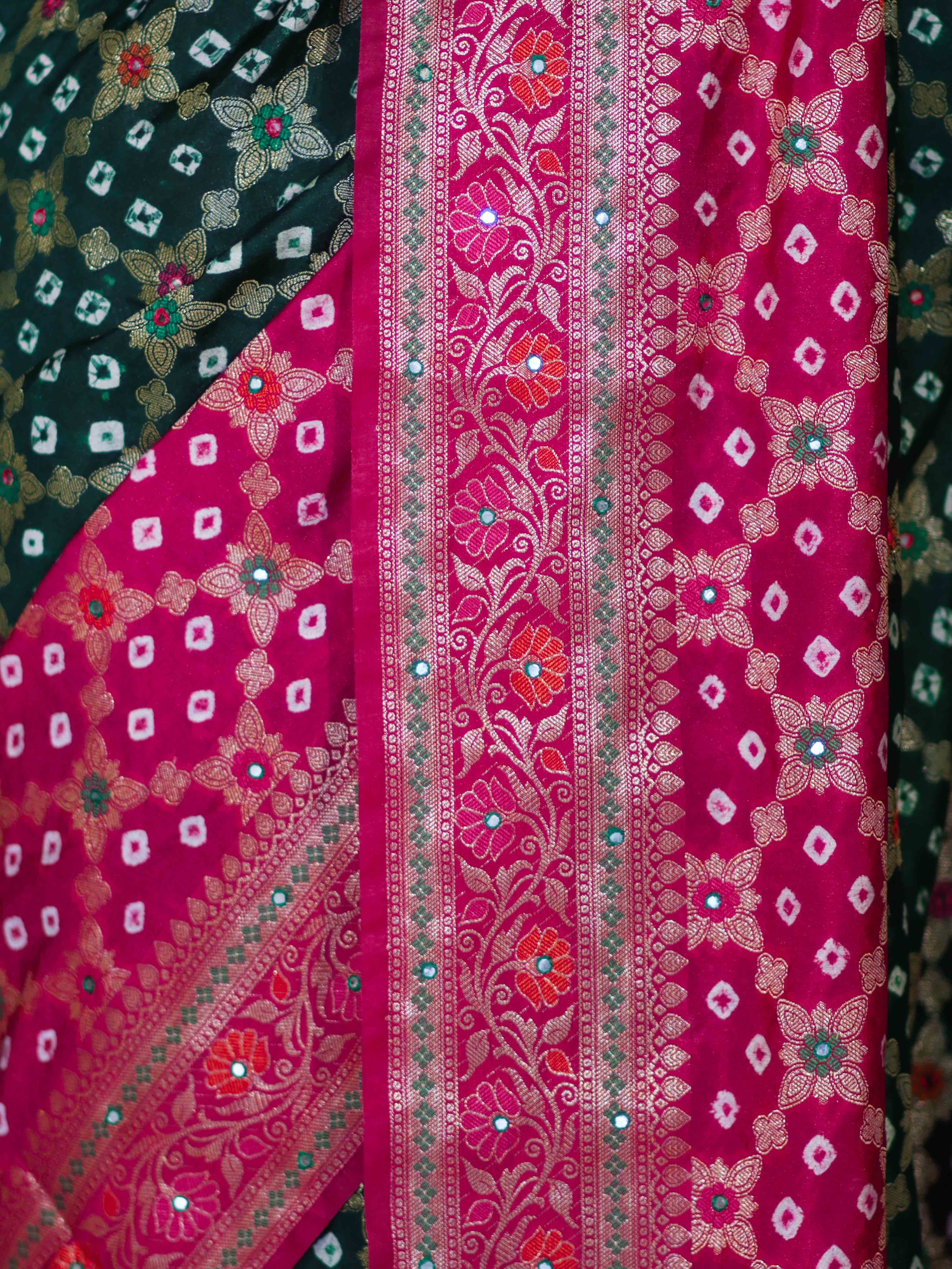 Banarasee Handloom Semi Silk Bandhej Saree With Zari Jaal Design Mirror Work & Floral Border-Green & Pink