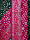 Banarasee Handloom Semi Silk Bandhej Saree With Zari Jaal Design Mirror Work & Floral Border-Green & Pink