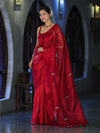 Banarasee Handwoven Tissue Saree With Floral Motifs & Mirror Work-Deep Red