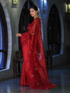 Banarasee Handwoven Tissue Saree With Floral Motifs & Mirror Work-Deep Red