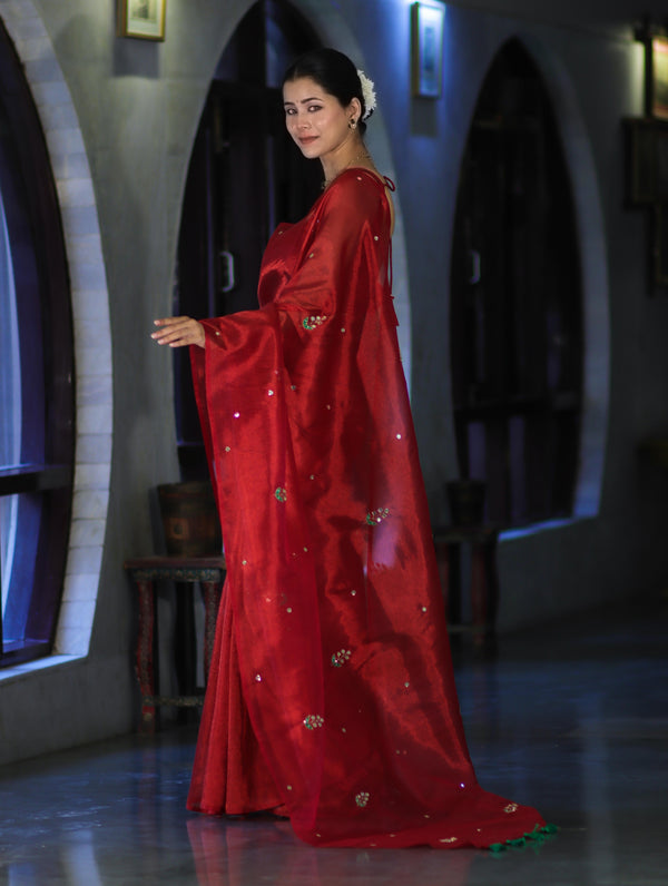 Banarasee Handwoven Tissue Saree With Floral Motifs & Mirror Work-Deep Red